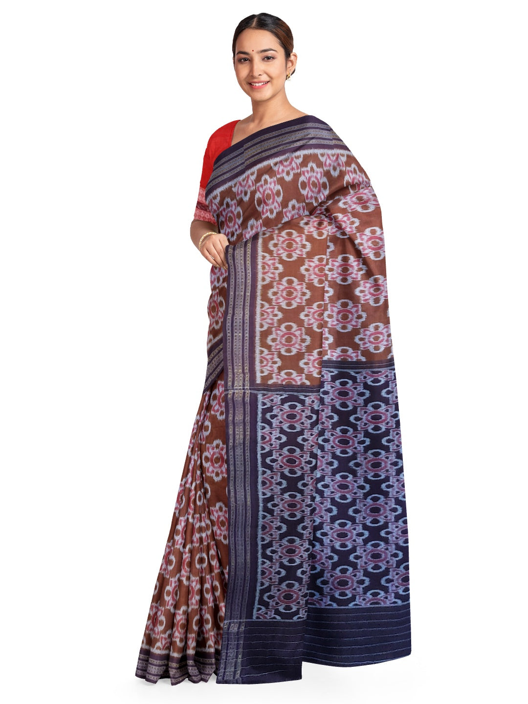 Pinkish Brown Odisha Ikat saree with cotton ikat blouse piece