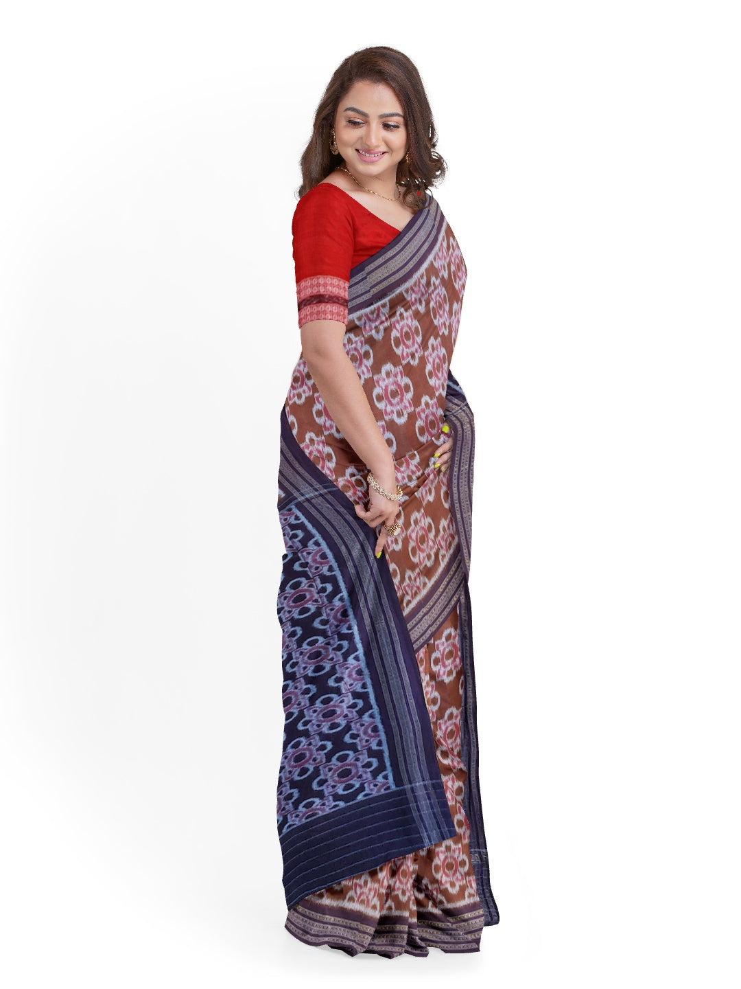 Pinkish Brown Odisha Ikat saree with cotton ikat blouse piece