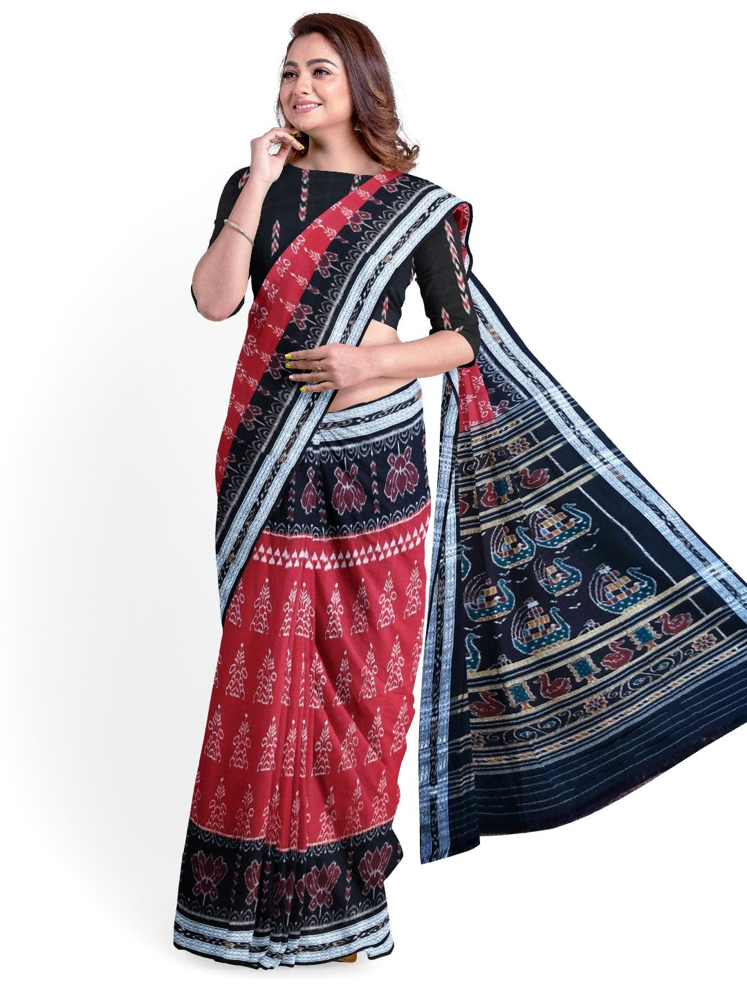 Marron with Black  Cotton Odisha Ikat saree  with mix match cotton ikat blouse