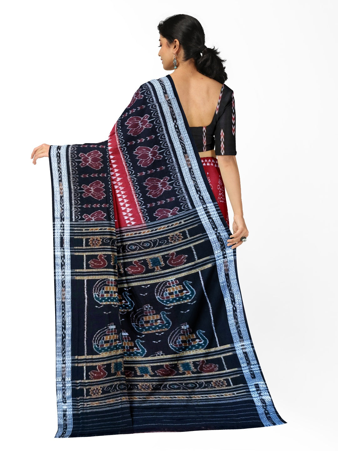 Marron with Black  Cotton Odisha Ikat saree  with mix match cotton ikat blouse