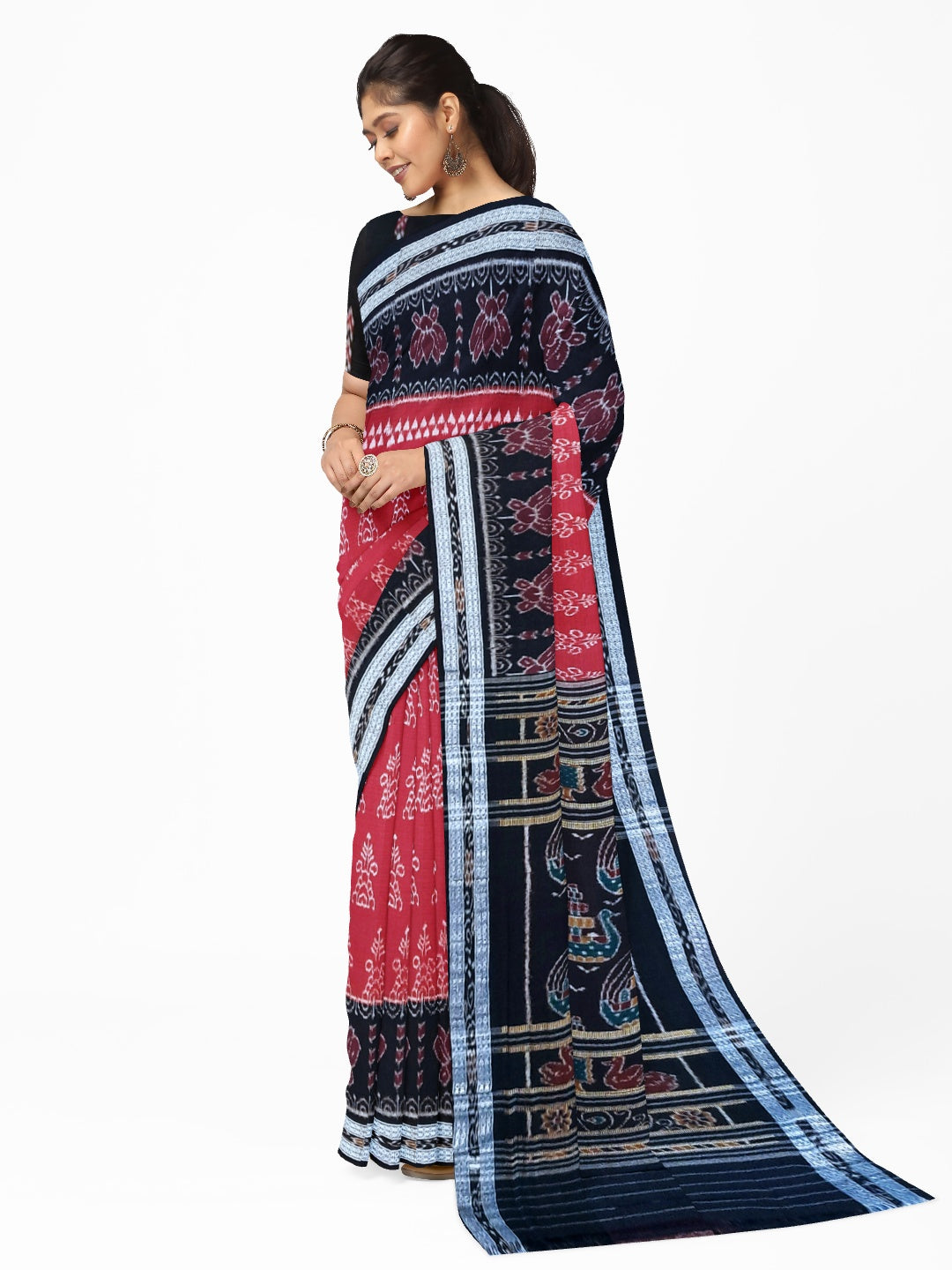 Marron with Black  Cotton Odisha Ikat saree  with mix match cotton ikat blouse