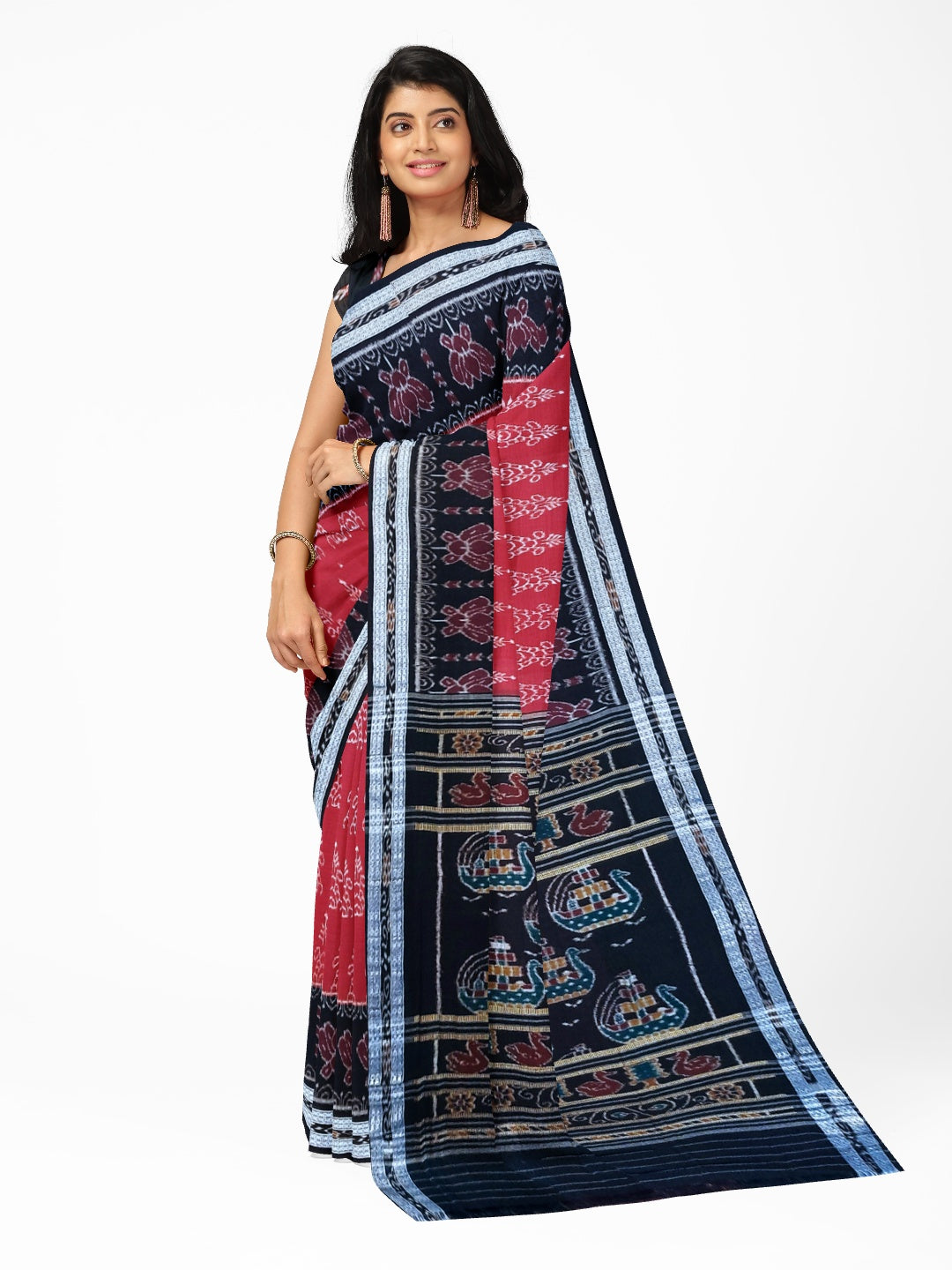 Marron with Black  Cotton Odisha Ikat saree  with mix match cotton ikat blouse