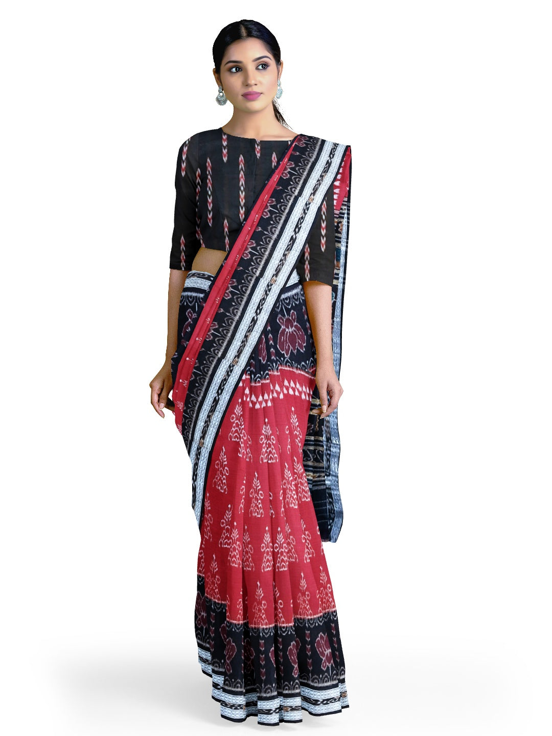 Marron with Black  Cotton Odisha Ikat saree  with mix match cotton ikat blouse