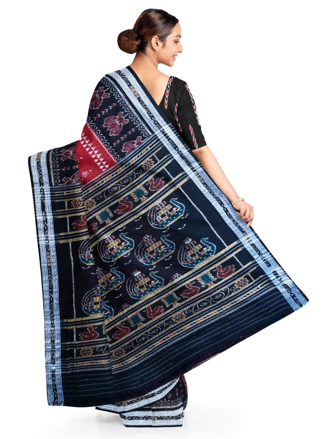 Marron with Black  Cotton Odisha Ikat saree  with mix match cotton ikat blouse