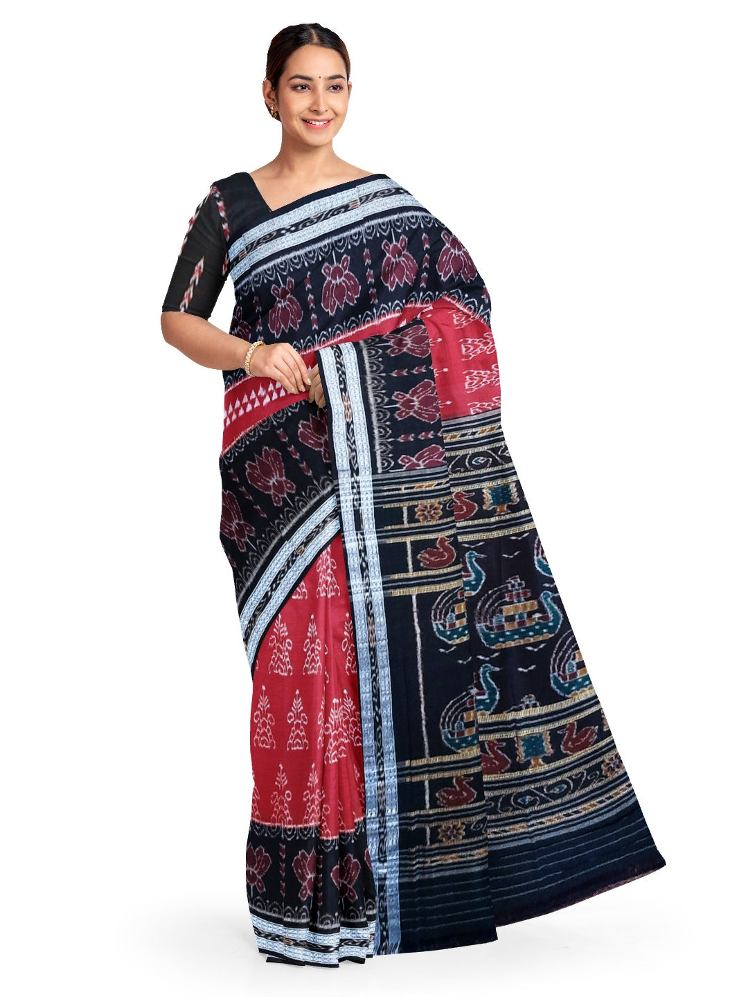 Marron with Black  Cotton Odisha Ikat saree  with mix match cotton ikat blouse