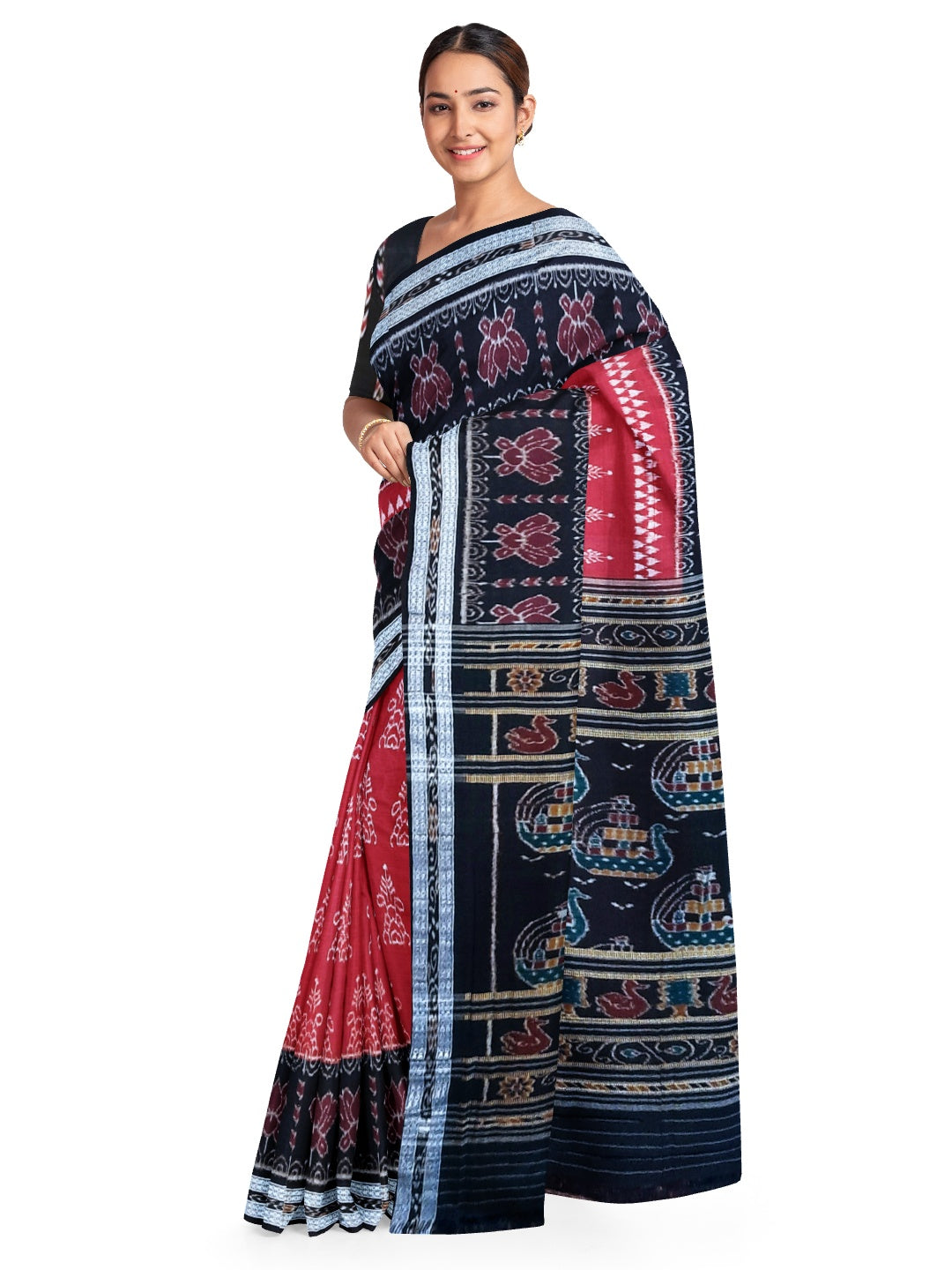 Marron with Black  Cotton Odisha Ikat saree  with mix match cotton ikat blouse