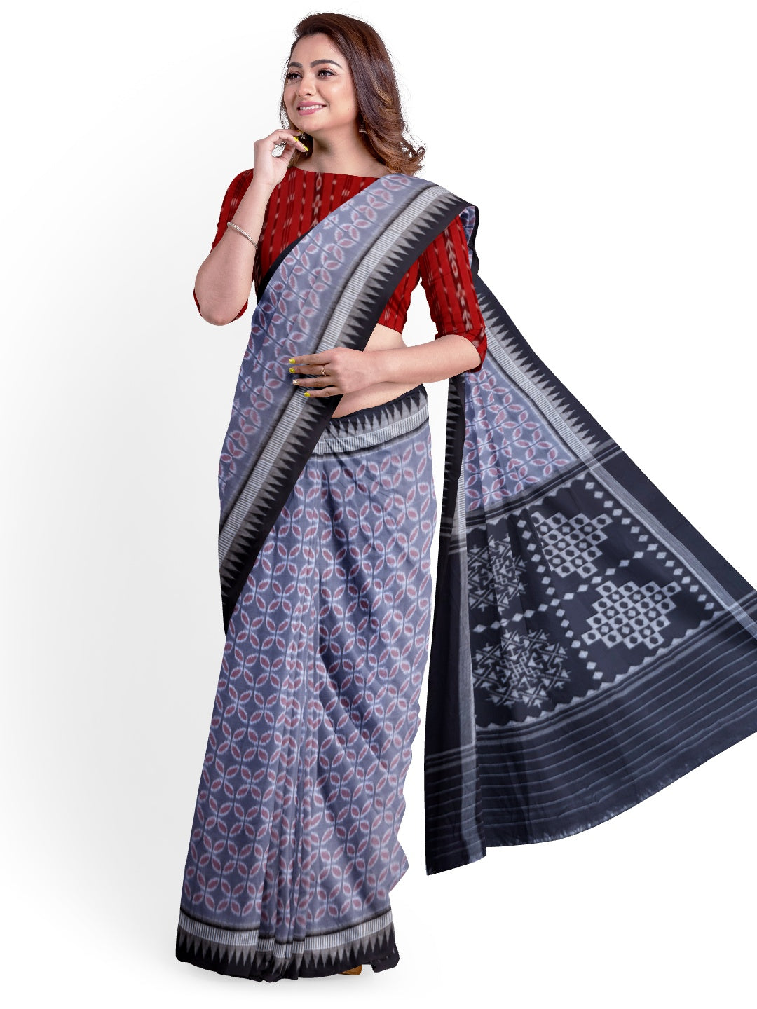 Grey Black Odisha Ikat saree with cotton ikat blouse piece