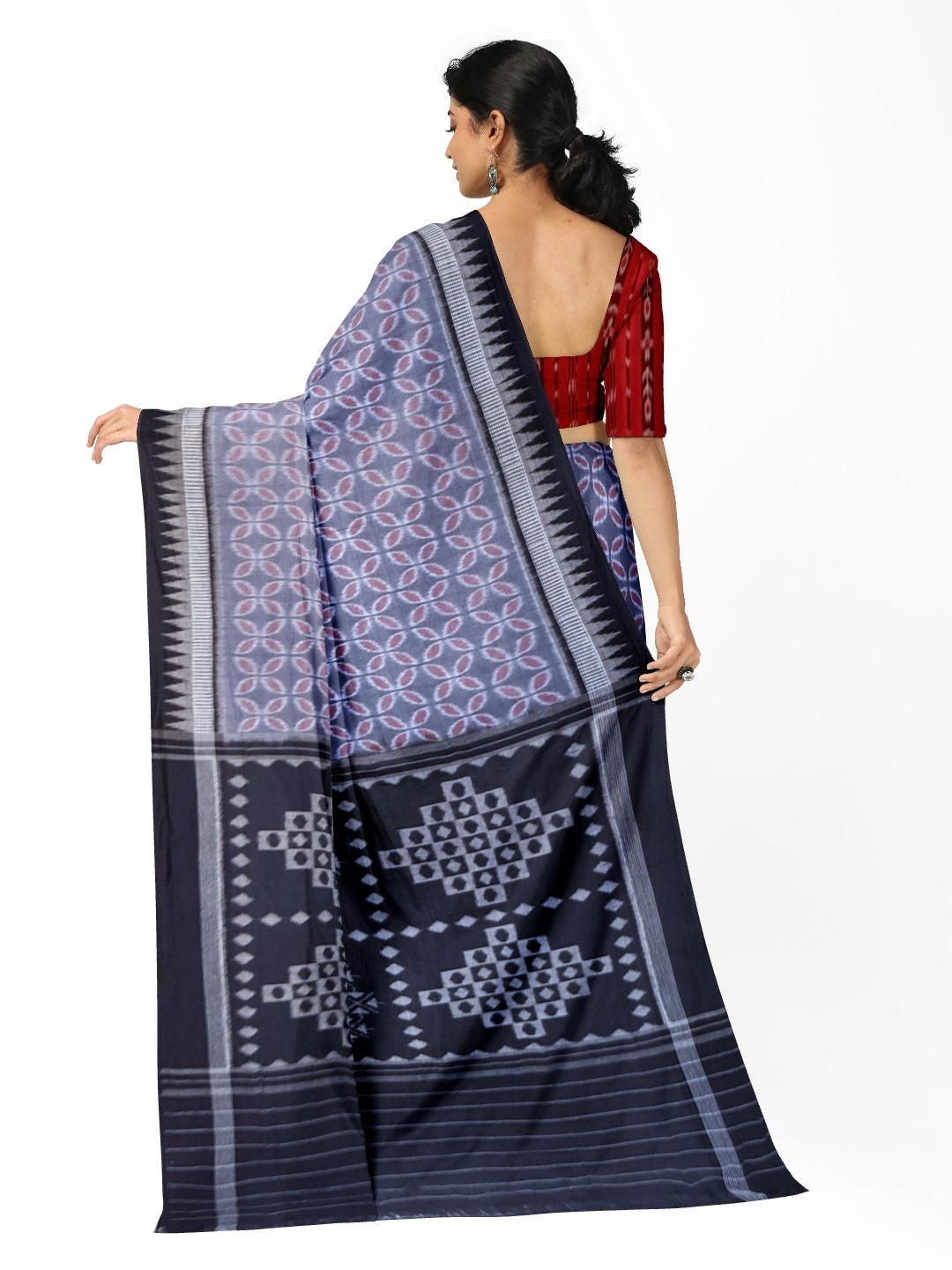 Grey Black Odisha Ikat saree with cotton ikat blouse piece