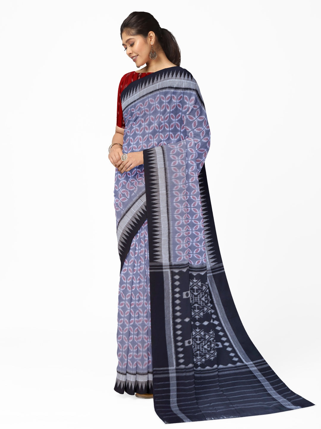 Grey Black Odisha Ikat saree with cotton ikat blouse piece