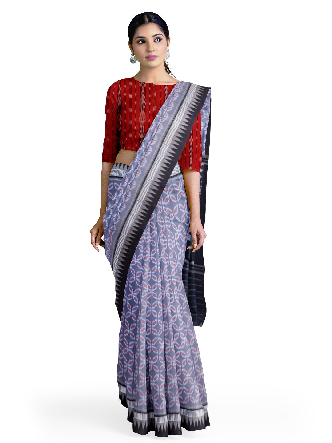 Grey Black Odisha Ikat saree with cotton ikat blouse piece