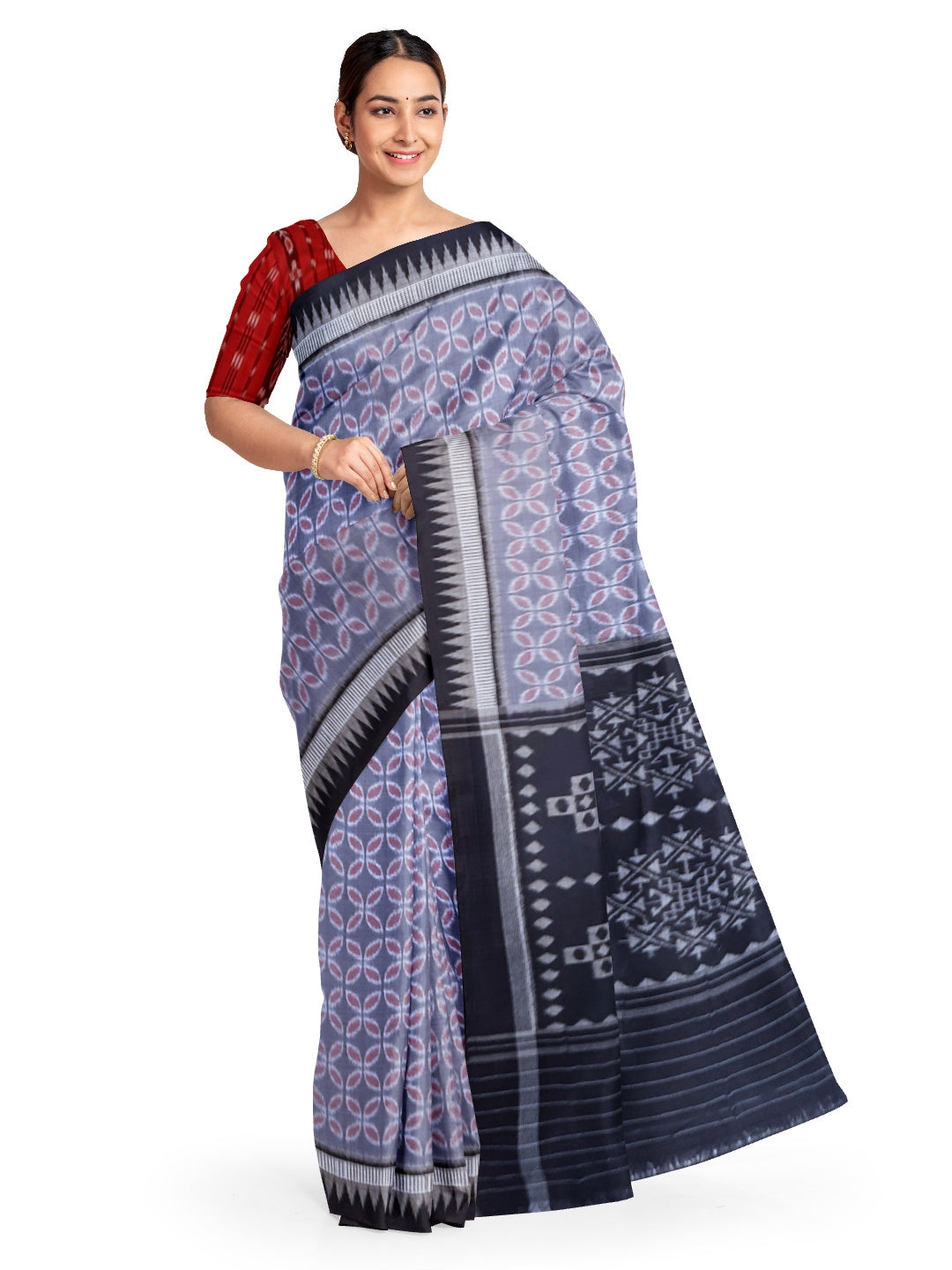 Grey Black Odisha Ikat saree with cotton ikat blouse piece