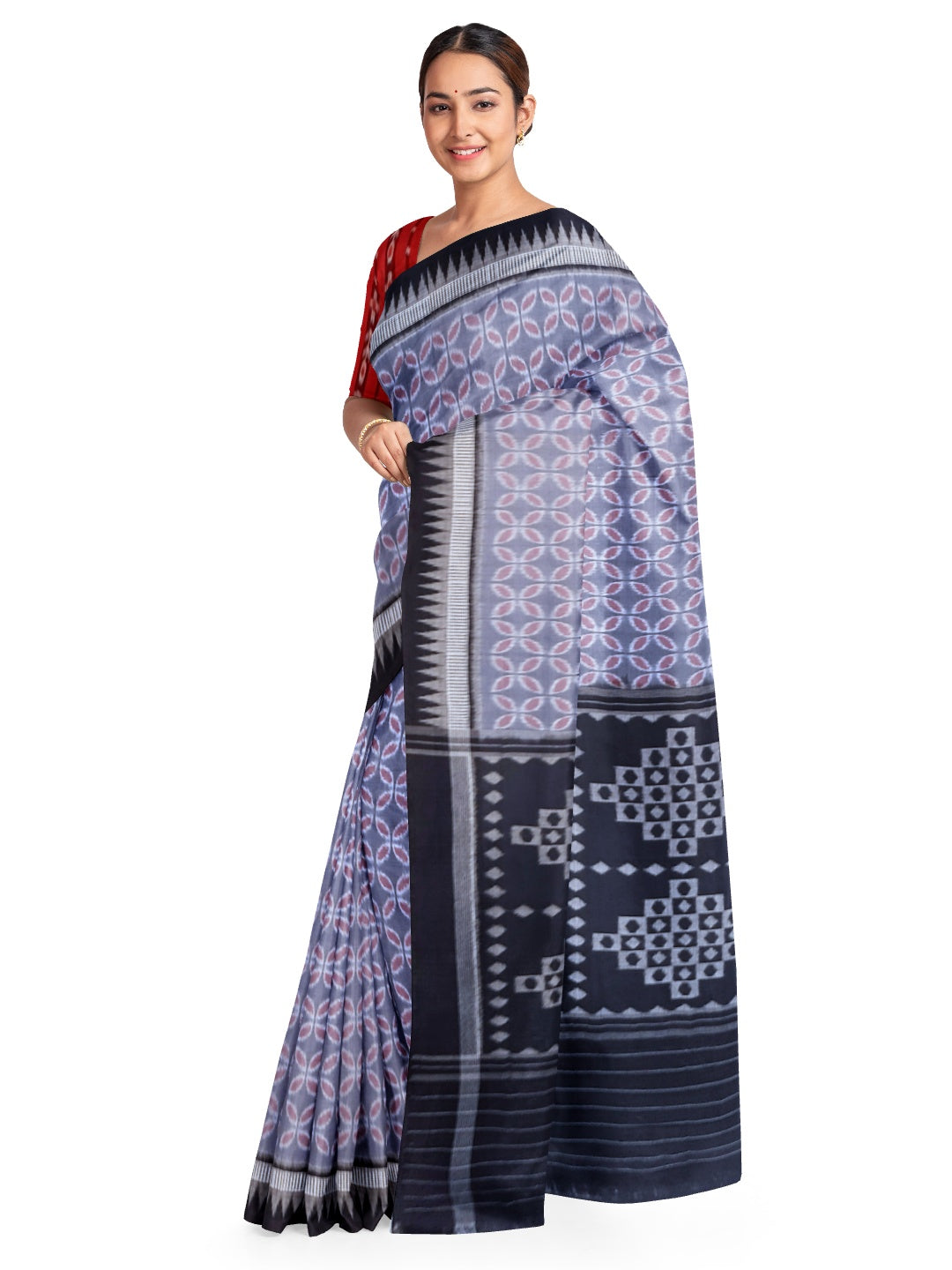 Grey Black Odisha Ikat saree with cotton ikat blouse piece