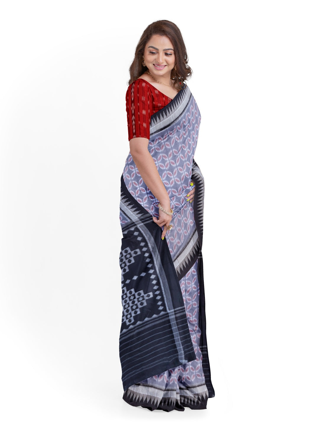 Grey Black Odisha Ikat saree with cotton ikat blouse piece
