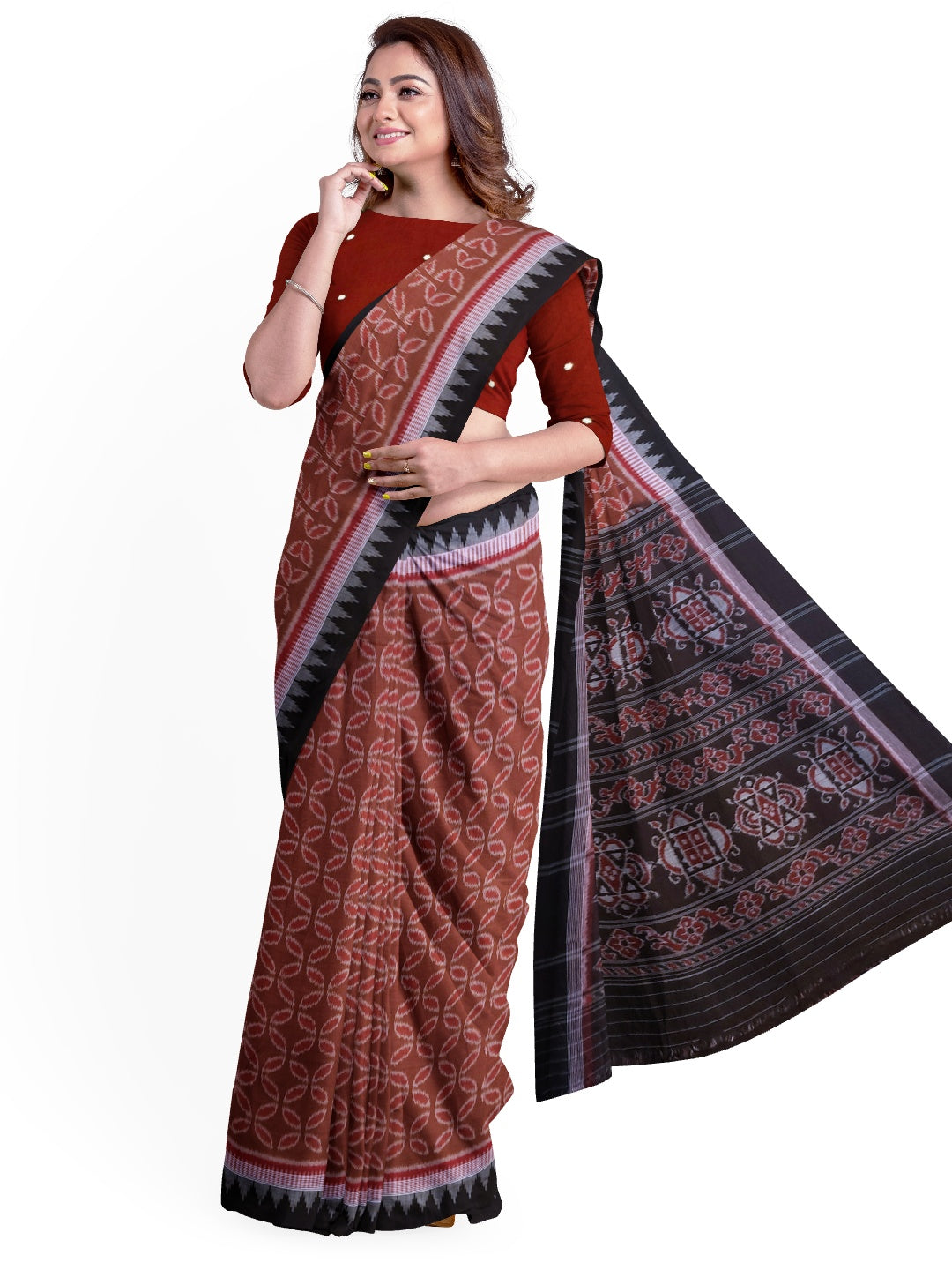 Pinkish Brown Cotton Odisha Ikat saree  with mix match cotton ikat blouse