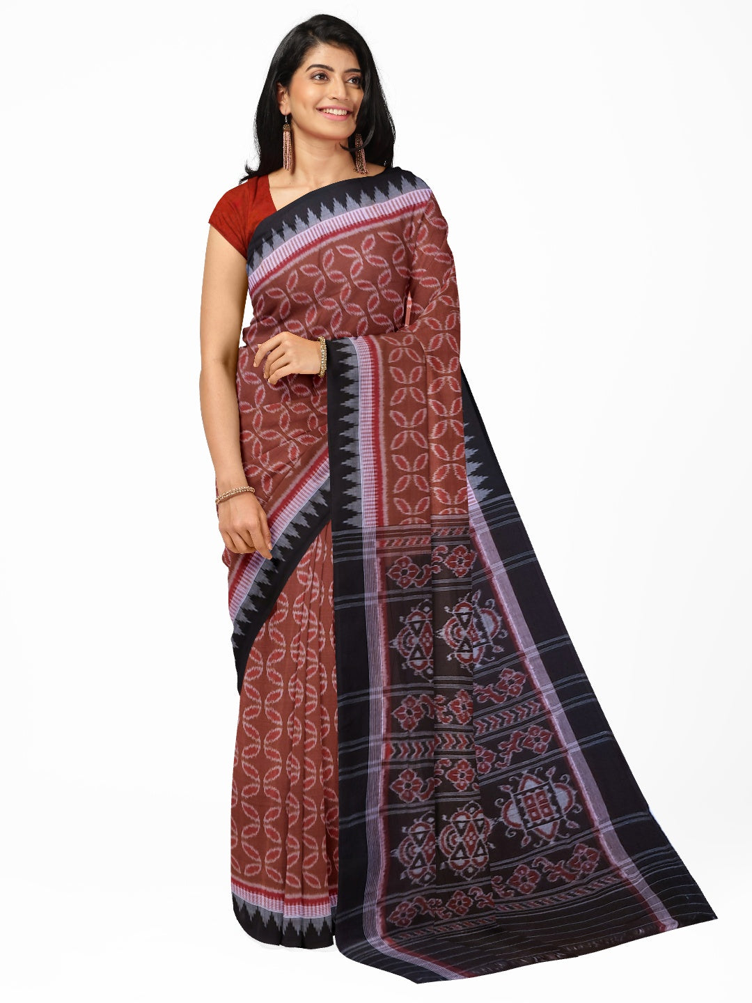 Pinkish Brown Cotton Odisha Ikat saree  with mix match cotton ikat blouse