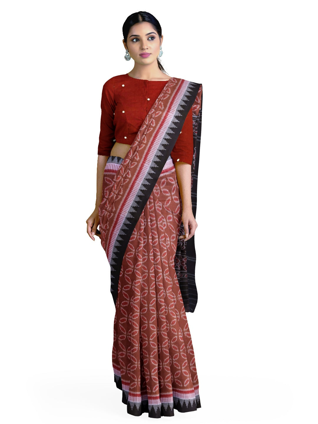 Pinkish Brown Cotton Odisha Ikat saree  with mix match cotton ikat blouse