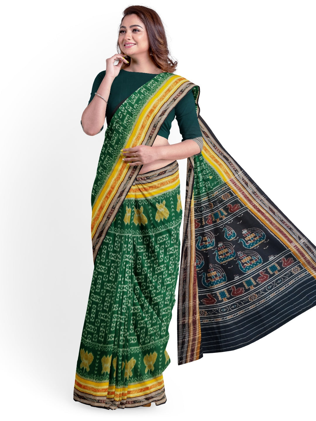 Green double border Odisha Ikat saree  with cotton ikat blouse piece