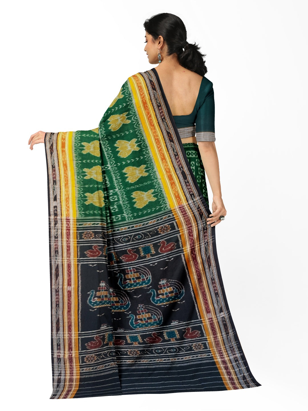 Green double border Odisha Ikat saree  with cotton ikat blouse piece