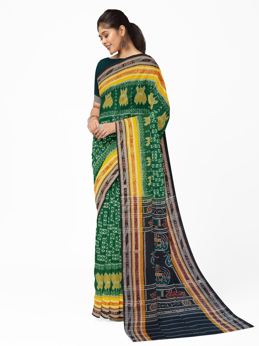 Green double border Odisha Ikat saree  with cotton ikat blouse piece