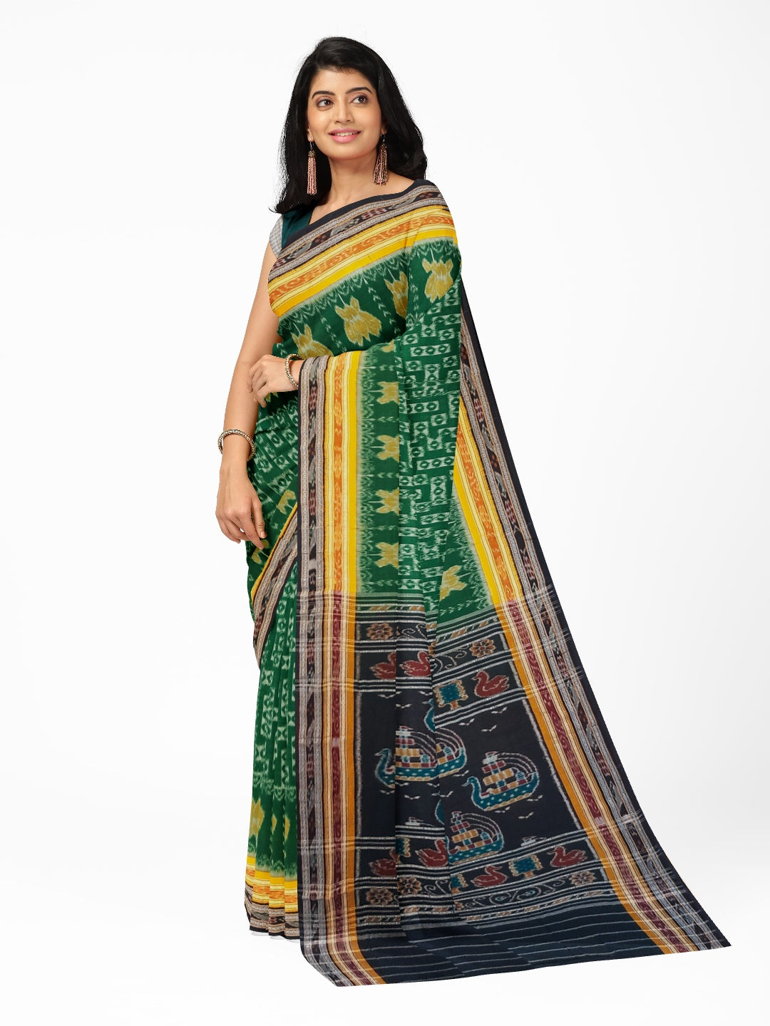 Green double border Odisha Ikat saree  with cotton ikat blouse piece