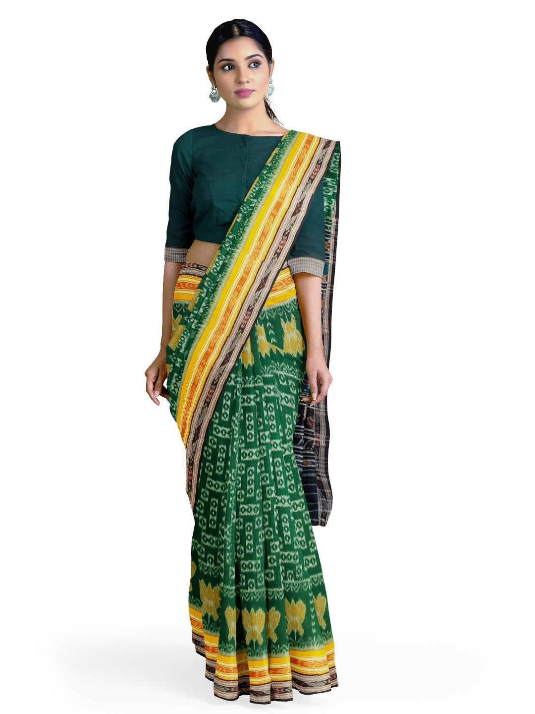 Green double border Odisha Ikat saree  with cotton ikat blouse piece