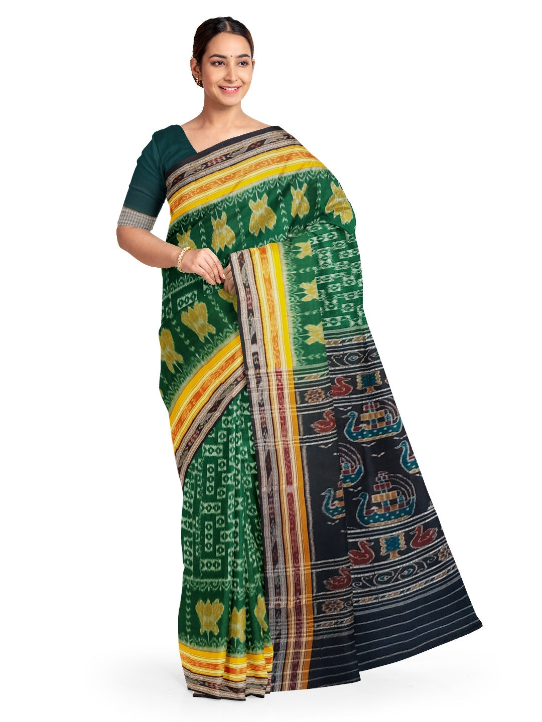 Green double border Odisha Ikat saree  with cotton ikat blouse piece