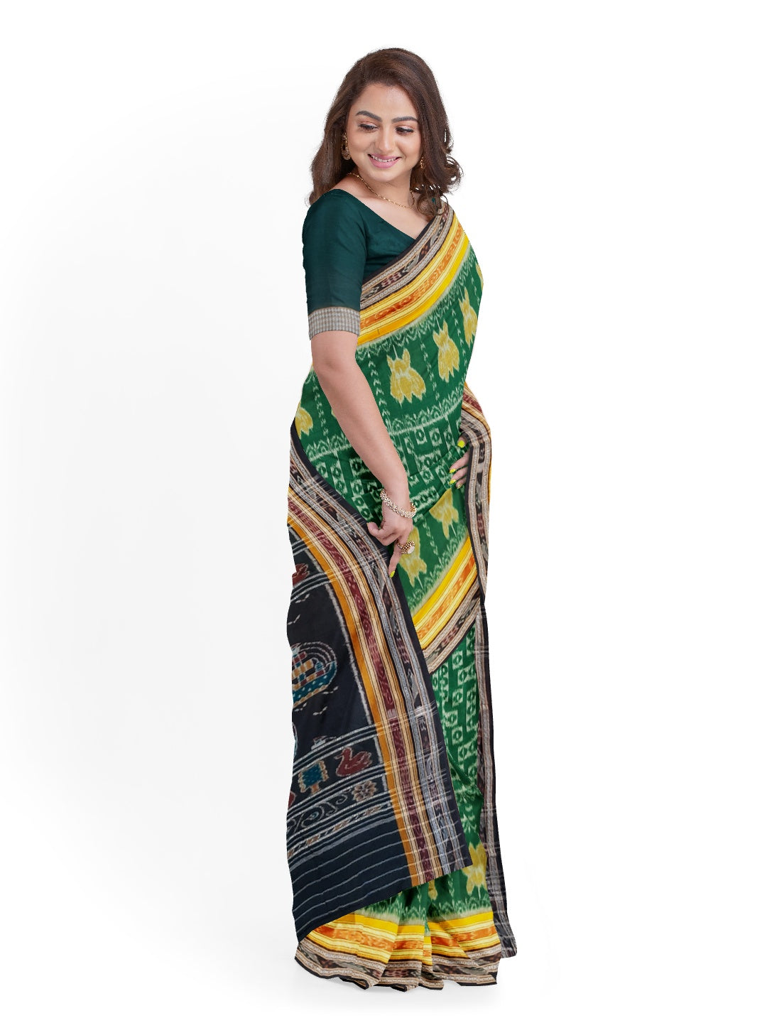 Green double border Odisha Ikat saree  with cotton ikat blouse piece