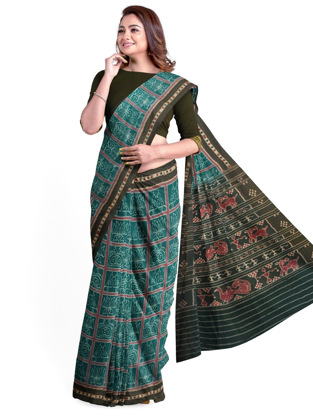 Green Cotton Odisha Ikat saree  with mix match cotton ikat blouse