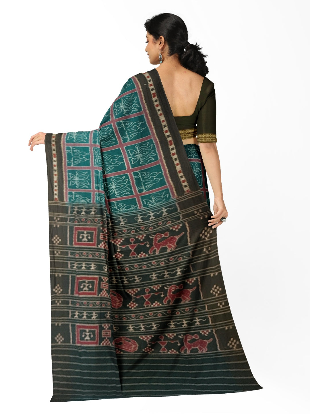 Green Cotton Odisha Ikat saree  with mix match cotton ikat blouse