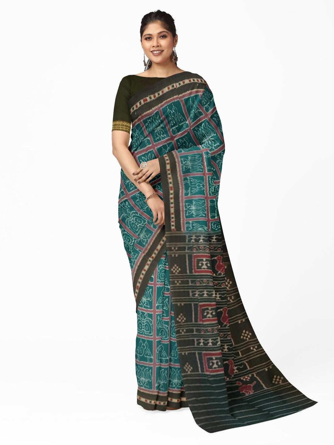 Green Cotton Odisha Ikat saree  with mix match cotton ikat blouse