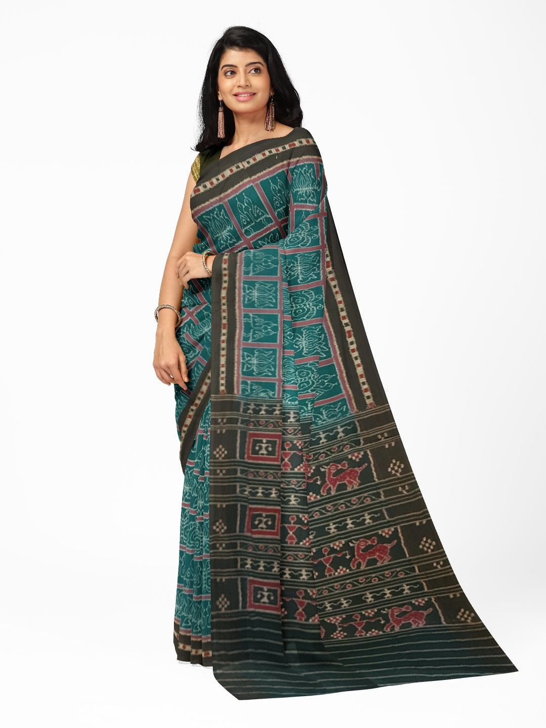 Green Cotton Odisha Ikat saree  with mix match cotton ikat blouse
