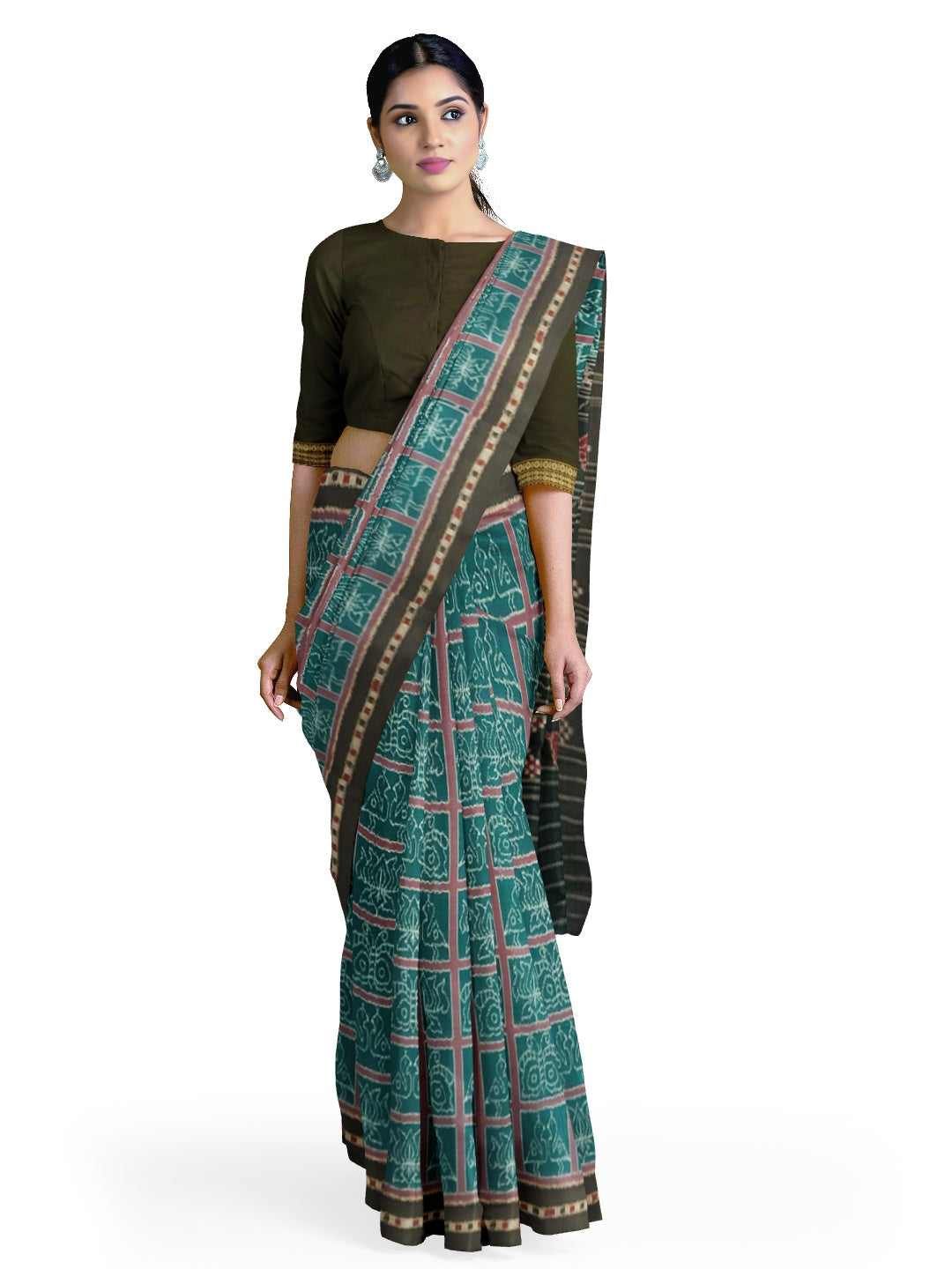 Green Cotton Odisha Ikat saree  with mix match cotton ikat blouse