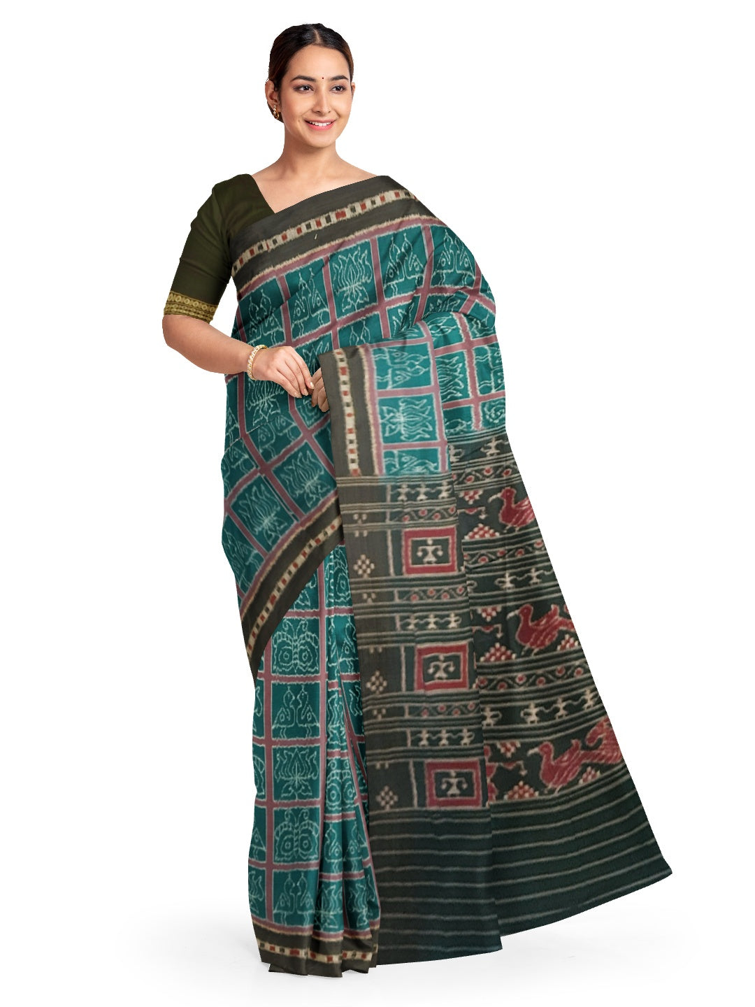 Green Cotton Odisha Ikat saree  with mix match cotton ikat blouse