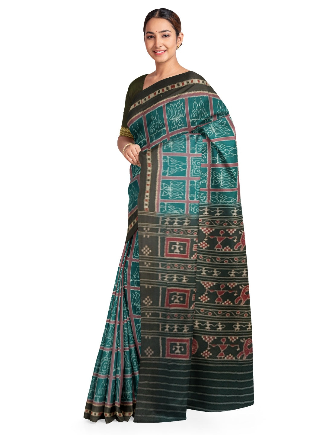 Green Cotton Odisha Ikat saree  with mix match cotton ikat blouse