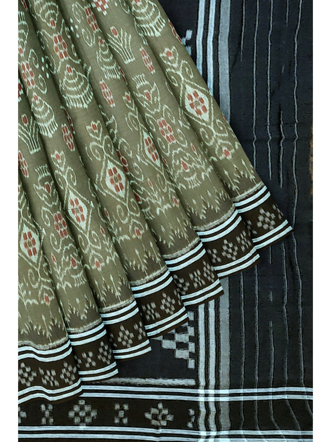 Green with Black  Cotton Odisha Ikat saree  with mix match cotton ikat blouse
