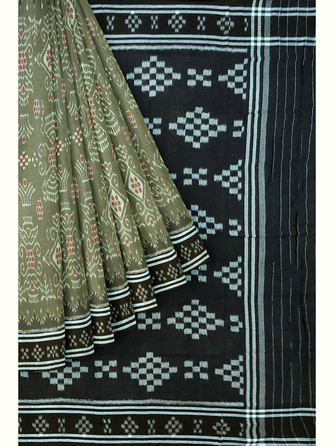 Green with Black  Cotton Odisha Ikat saree  with mix match cotton ikat blouse