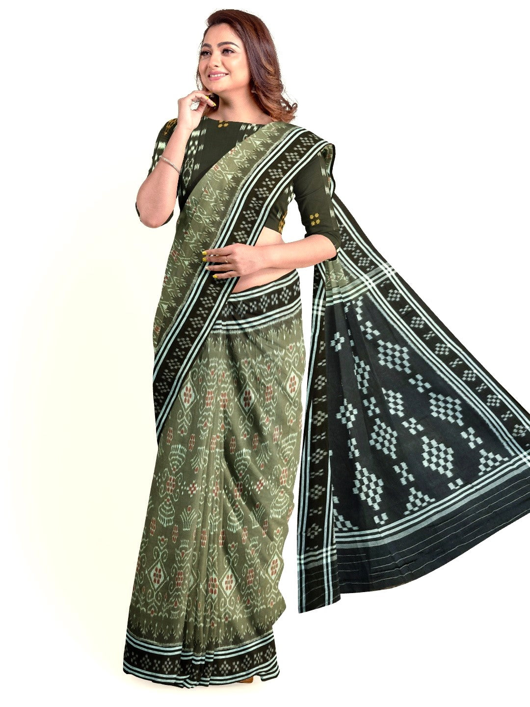 Green with Black  Cotton Odisha Ikat saree  with mix match cotton ikat blouse