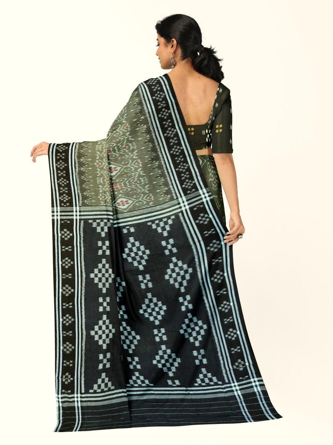 Green with Black  Cotton Odisha Ikat saree  with mix match cotton ikat blouse