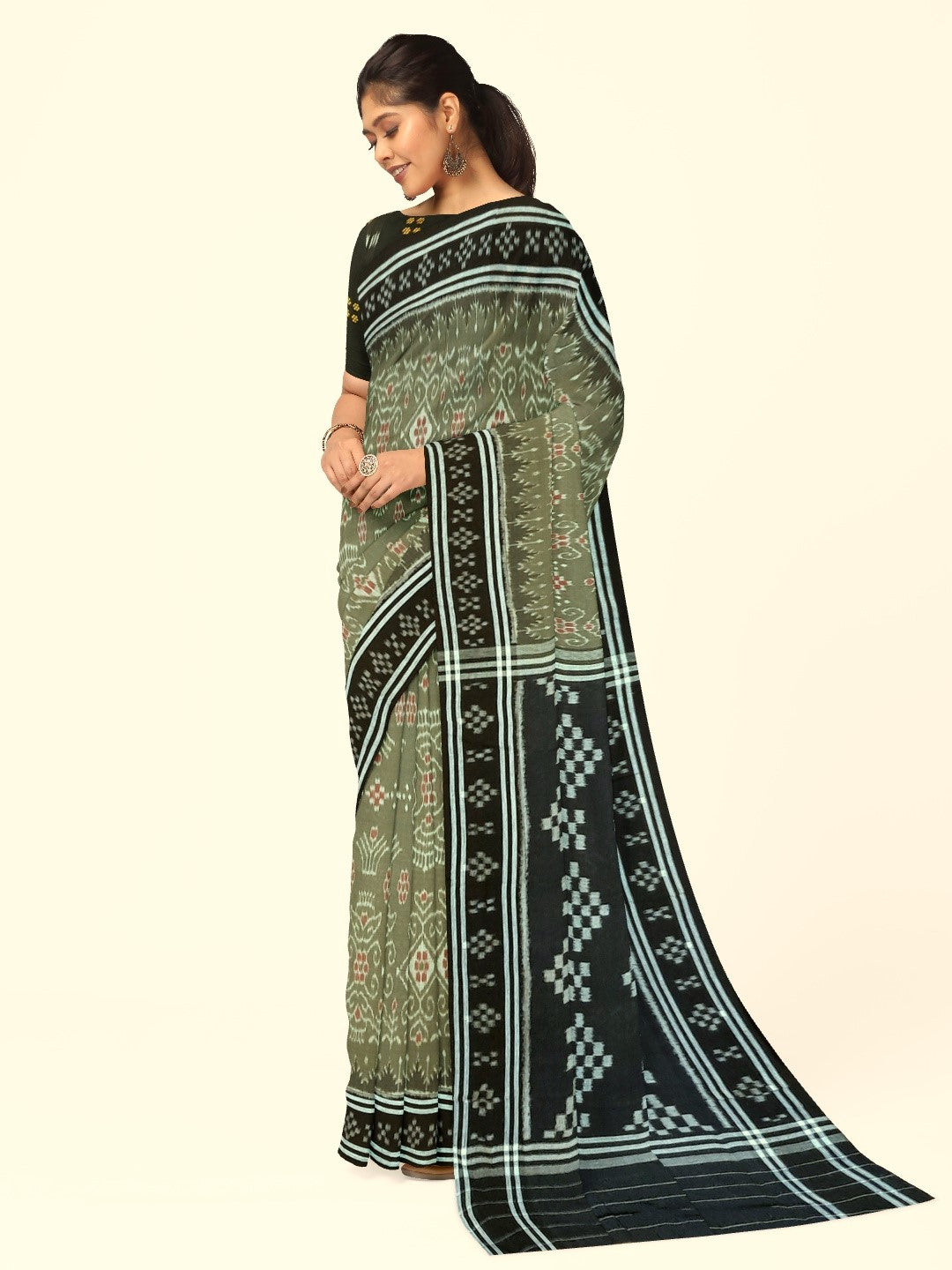 Green with Black  Cotton Odisha Ikat saree  with mix match cotton ikat blouse