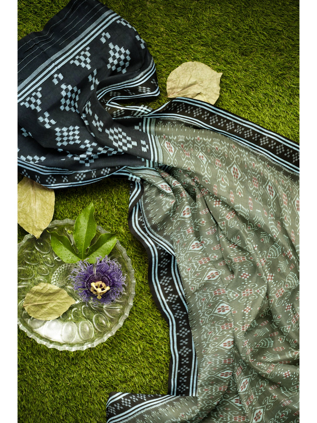 Green with Black  Cotton Odisha Ikat saree  with mix match cotton ikat blouse