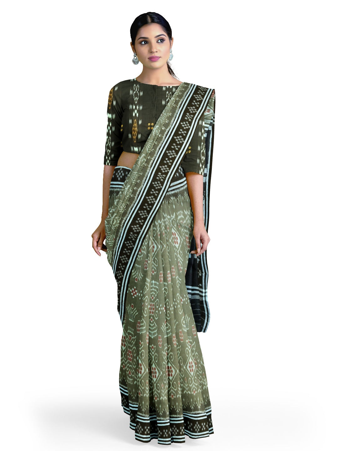 Green with Black  Cotton Odisha Ikat saree  with mix match cotton ikat blouse