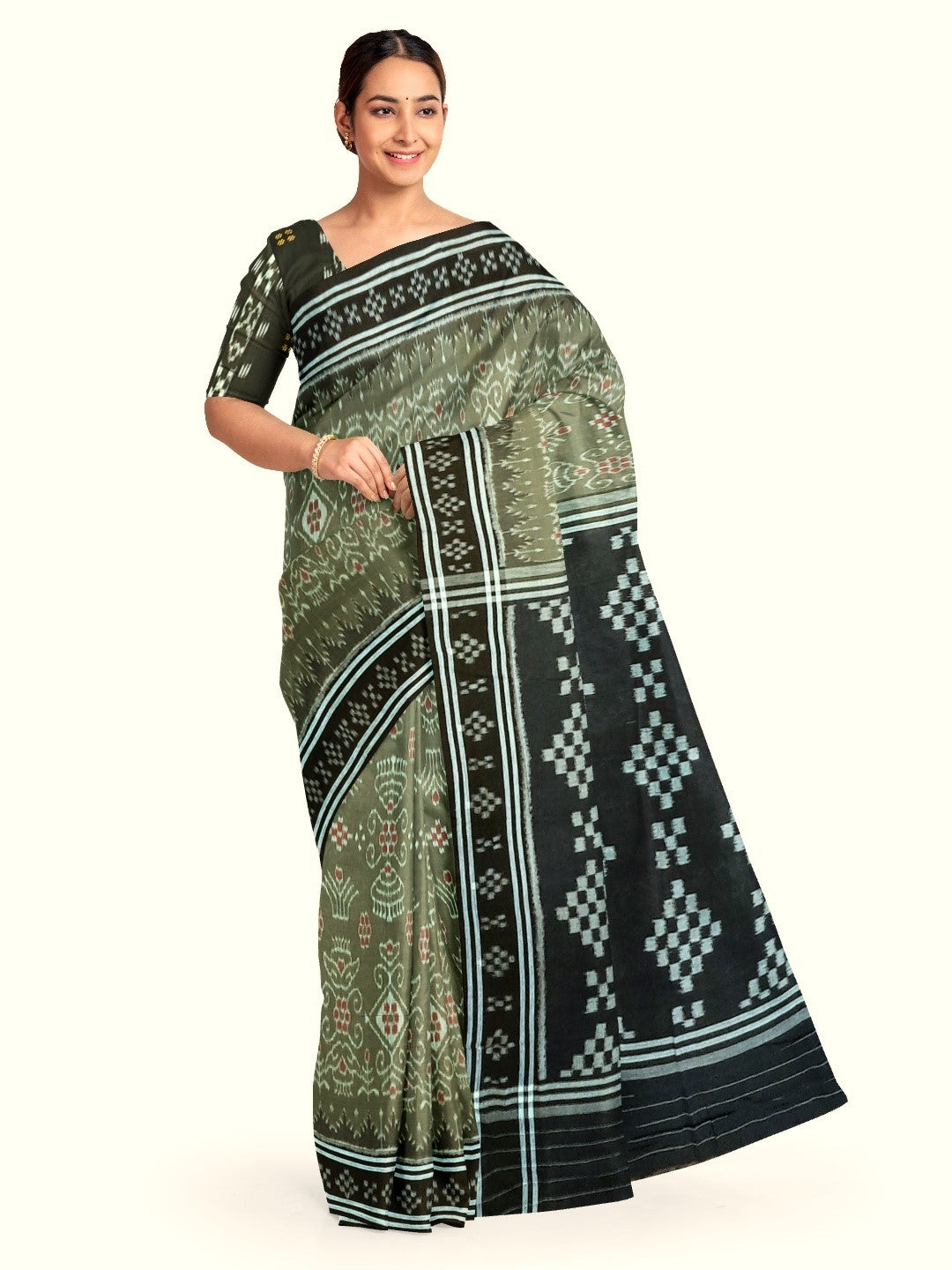 Green with Black  Cotton Odisha Ikat saree  with mix match cotton ikat blouse