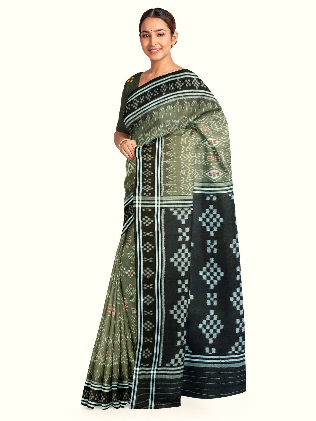 Green with Black  Cotton Odisha Ikat saree  with mix match cotton ikat blouse