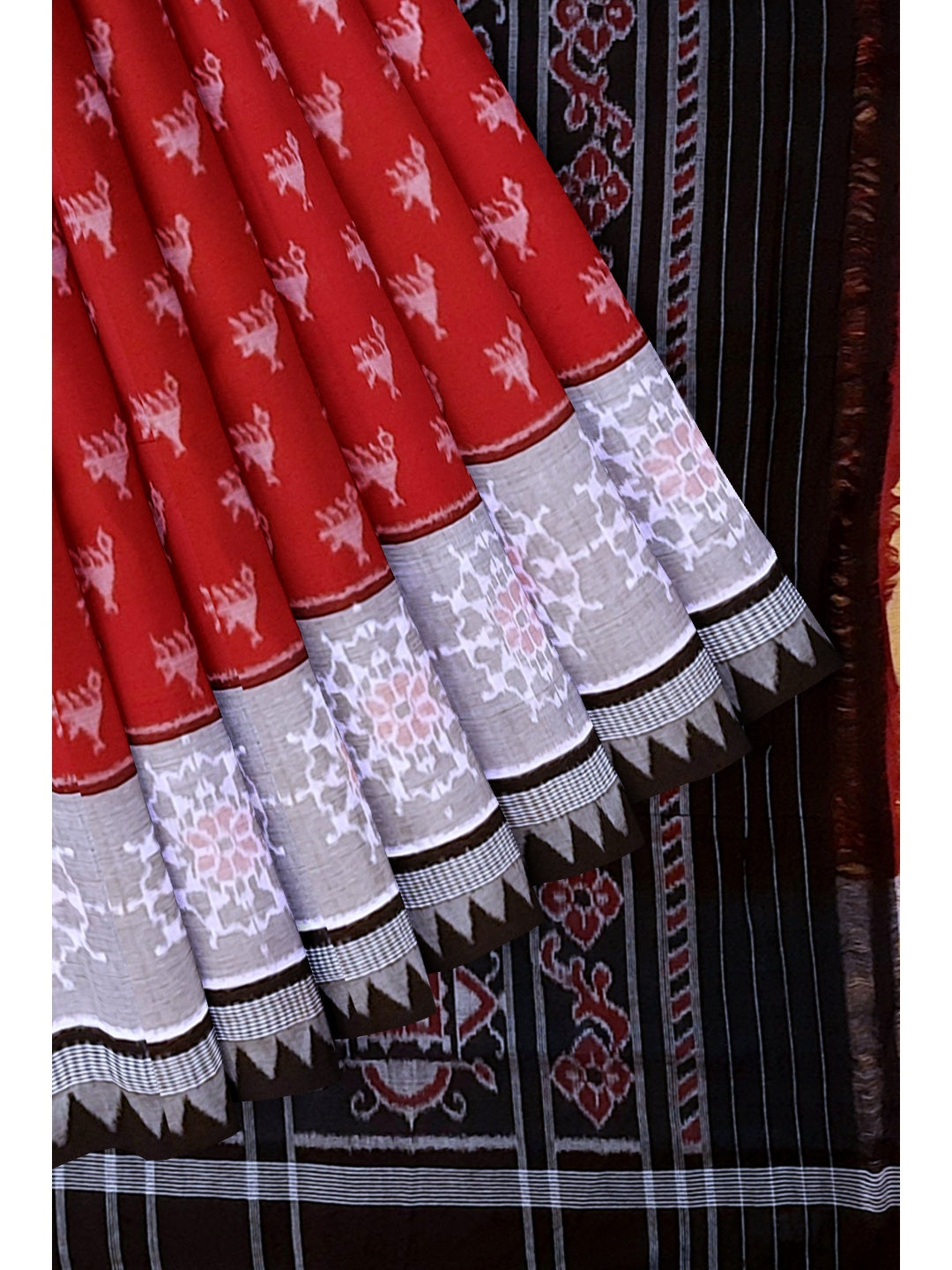 Red wide border Cotton Odisha Ikat saree  with mix match cotton ikat blouse