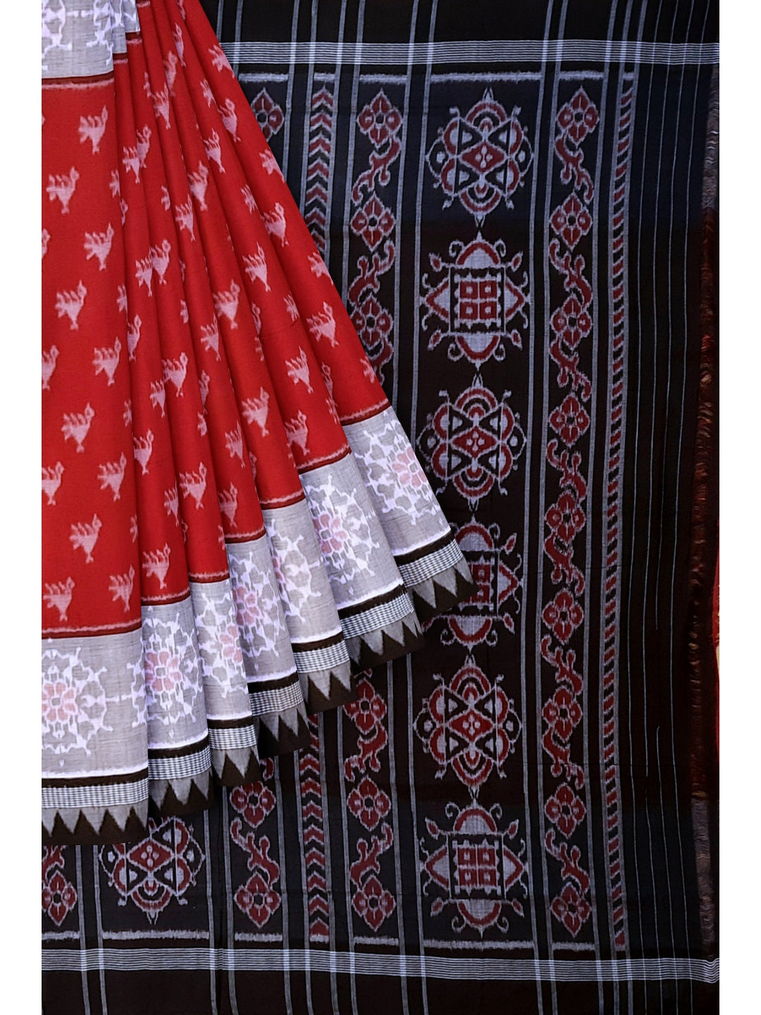 Red wide border Cotton Odisha Ikat saree  with mix match cotton ikat blouse