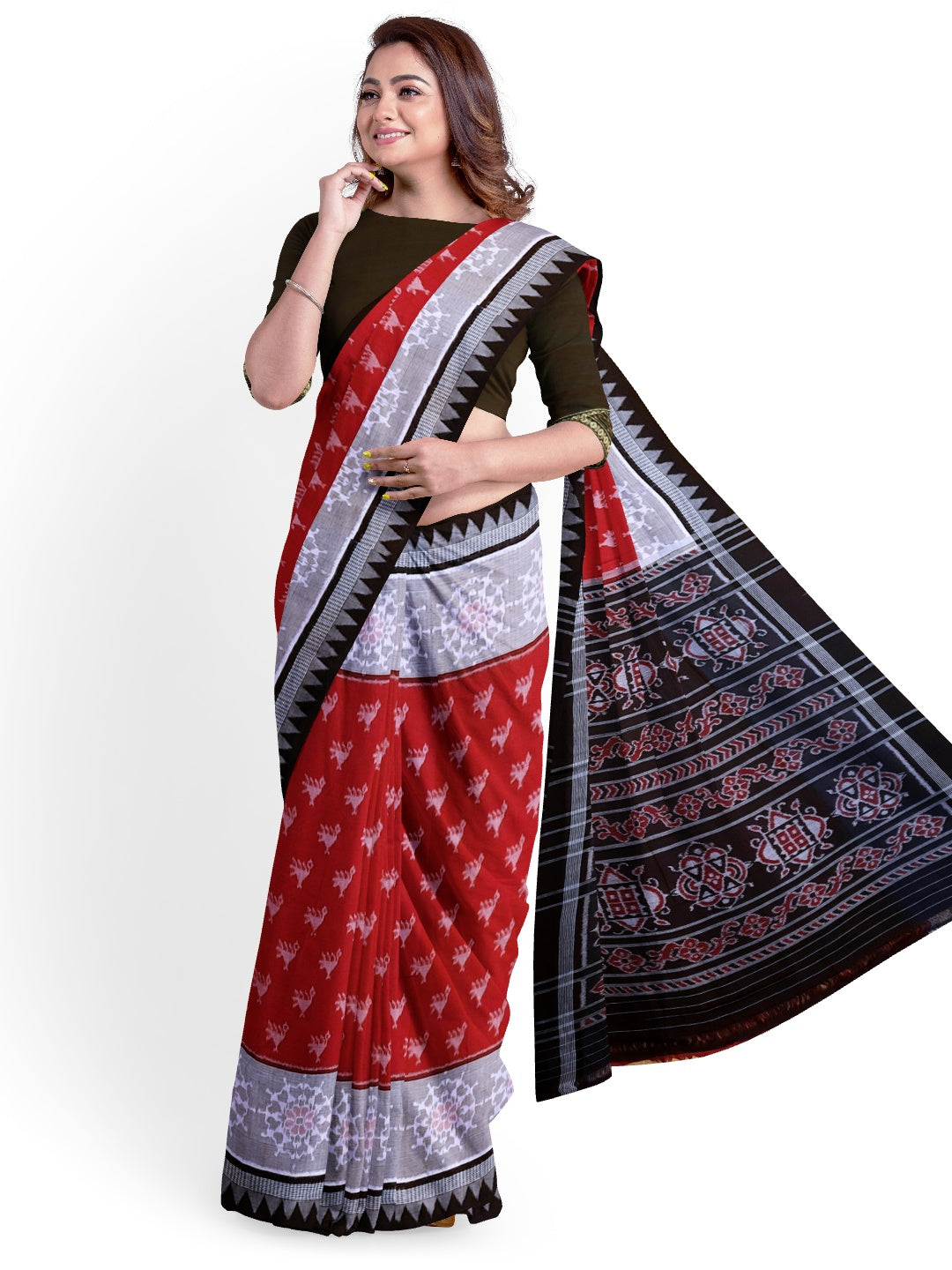 Red wide border Cotton Odisha Ikat saree  with mix match cotton ikat blouse