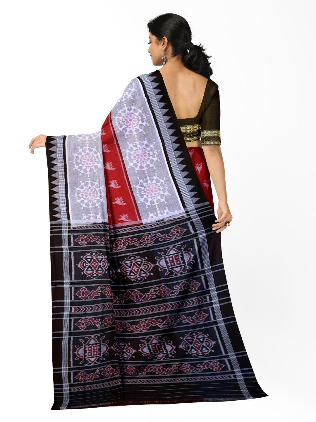 Red wide border Cotton Odisha Ikat saree  with mix match cotton ikat blouse