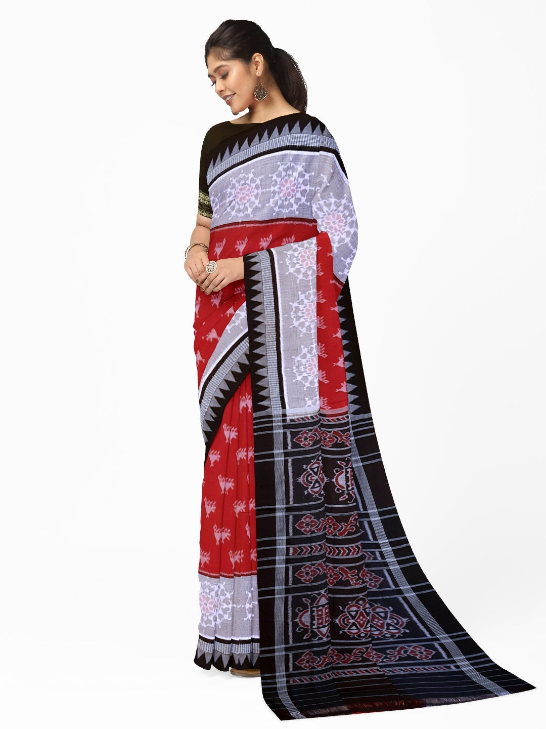 Red wide border Cotton Odisha Ikat saree  with mix match cotton ikat blouse