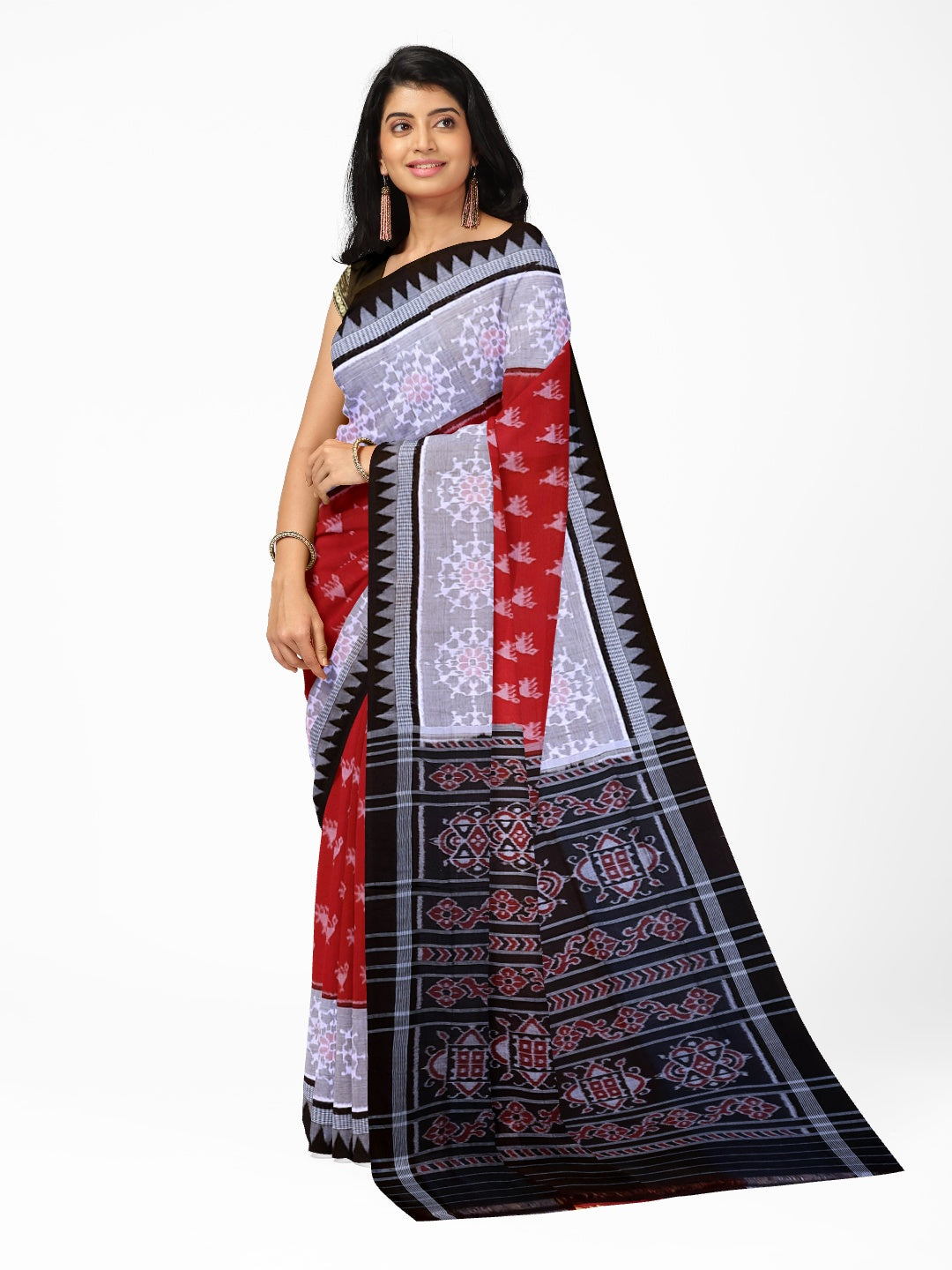 Red wide border Cotton Odisha Ikat saree  with mix match cotton ikat blouse