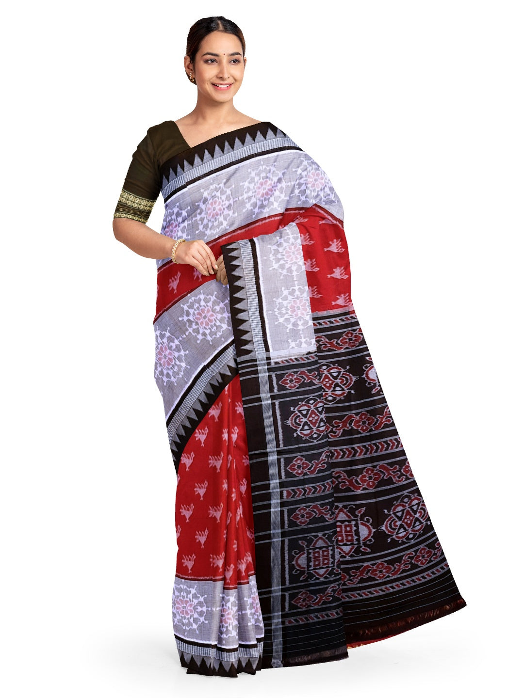 Red wide border Cotton Odisha Ikat saree  with mix match cotton ikat blouse
